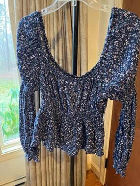 Navy Blue Floral Peasant Top - Women's
